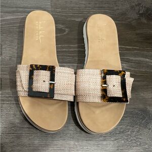 Nicole Miller Beige Slide Sandals with Tortoise Buckle